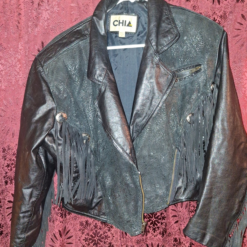 Black Leather Fringe Cropped Jacket By CHIA